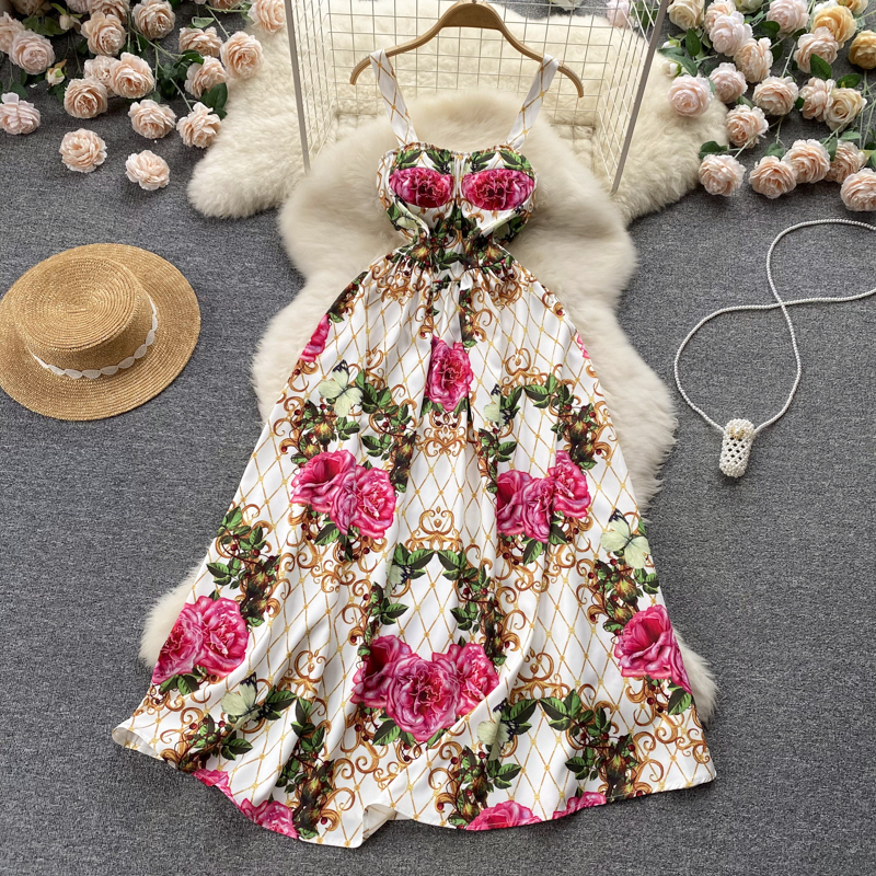 

Summer Dress Women 2022 Runway Rose Flower Bohemian Spaghetti Strap Floral Print Backless Vacation Party Maxi Dresses, Same as picture