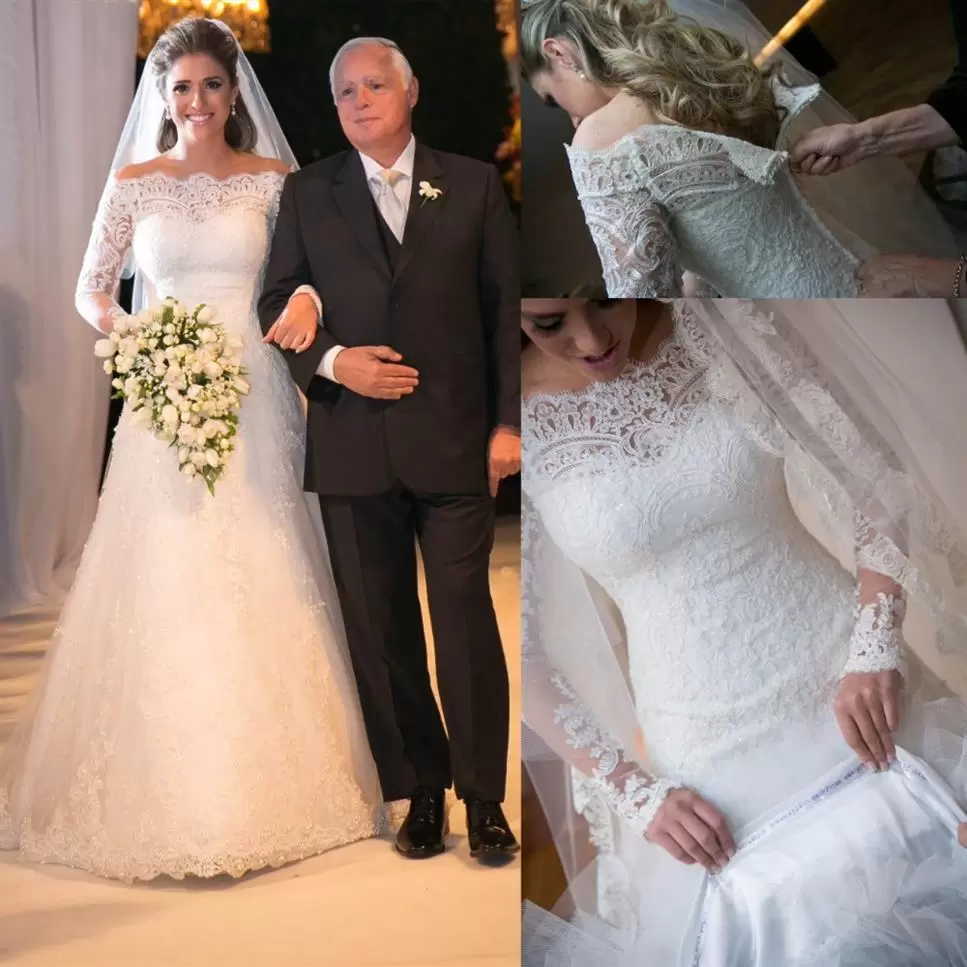 

Modest White Ivory Off Shoulder Long Sleeves Lace A Line Bridal Gowns Wedding Dresses Back Zipper with Covered Button Custom5623322