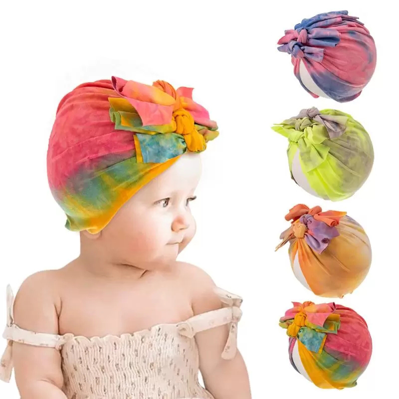 

Baby Tie-dye Turban Cap India's Hat Bowknot Headbands Elasticity Headwraps Stretchy Hair Bands Children Girls Fashion Hairs Accessories, As show