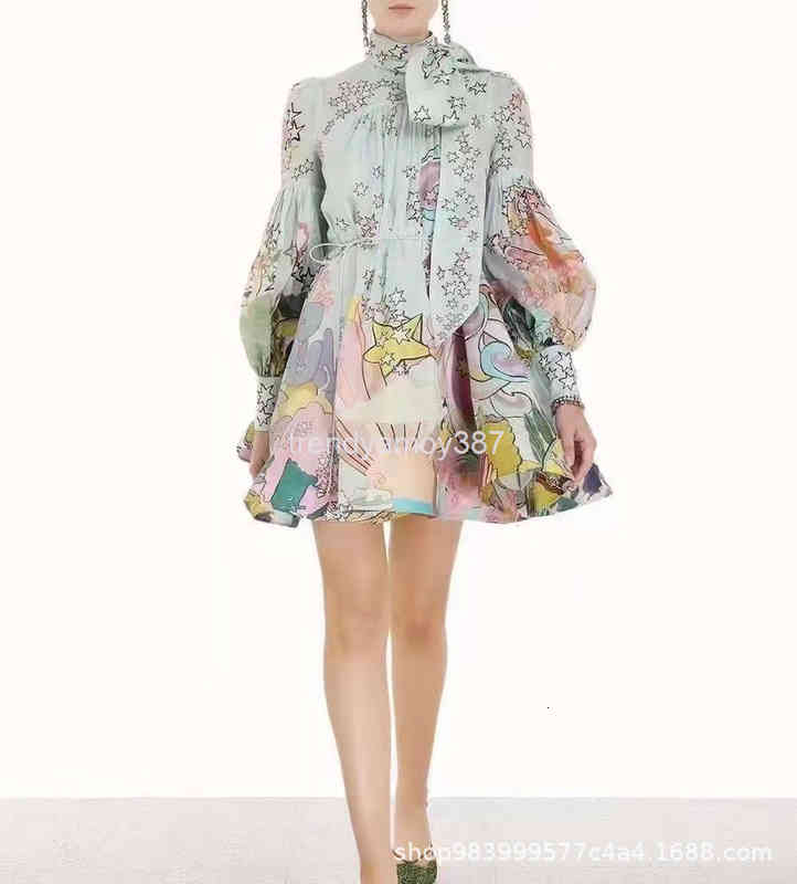 

home Casual Dresses Z linen blended cartoon star printing Lantern Sleeve fluffy dress with belt Zim South Oil, 2# packaging bag