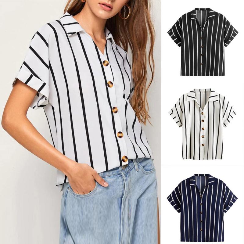 

Women's Blouses & Shirts Half Sleeve Black Shirt Women Leisure Work Stripe Button Blouse Lapel Loose Tops Short Long T AthleticWomen's