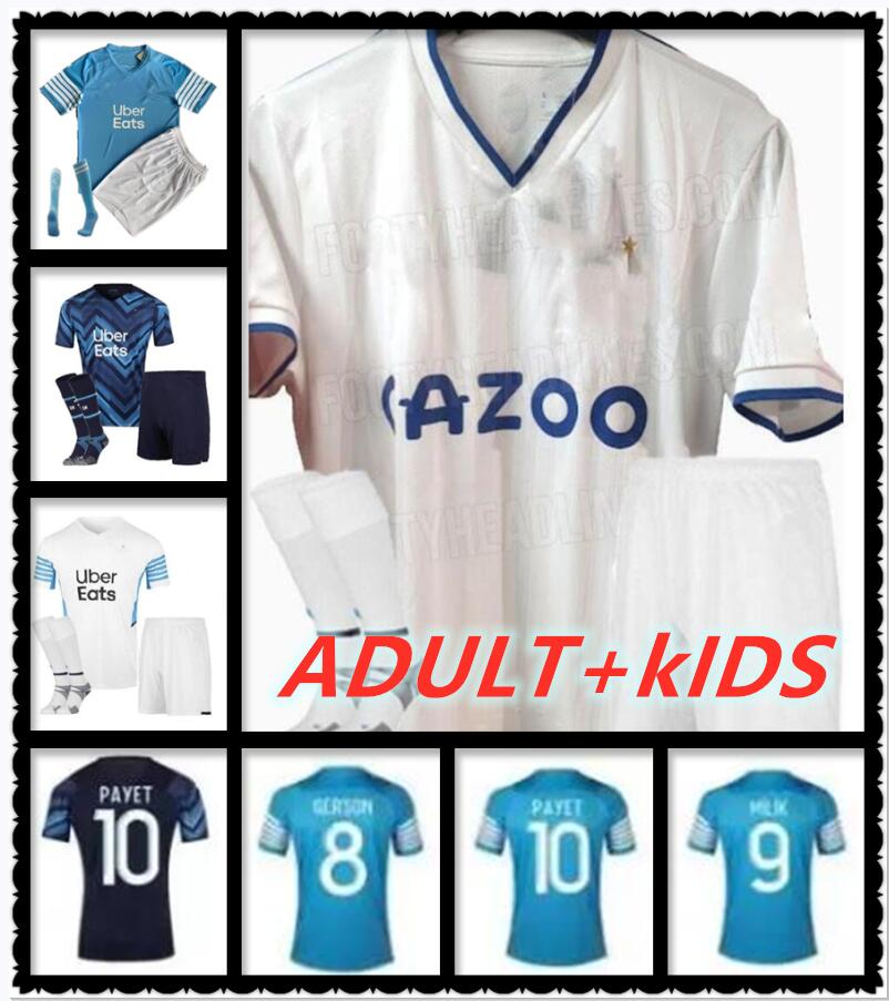 

adult kits 22 23 Olympique De Marseilles SALIBA soccer jerseys 2022 2023 OM GERSON MILIK LUIS HENRIQUE KAMARA Milik football shirt PAYET KONRAD GUENDOUZI men kids kit, 21/22