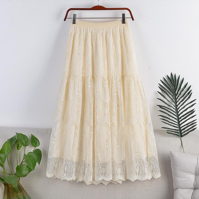 Skirts High-waisted Thin Elastic Waist Double-layer Mesh Lace Crocheted Air Long Skirt Early Spring Female 507