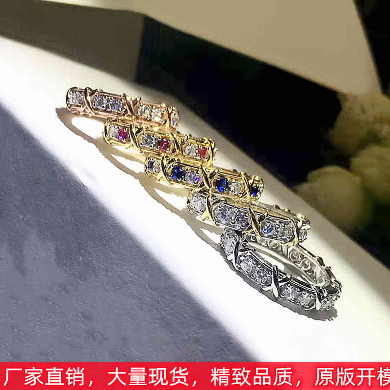 

T family cross ring female diamond inlaid trendy male and couple a pair of Rings Light luxury high sense exquisite X-shaped color