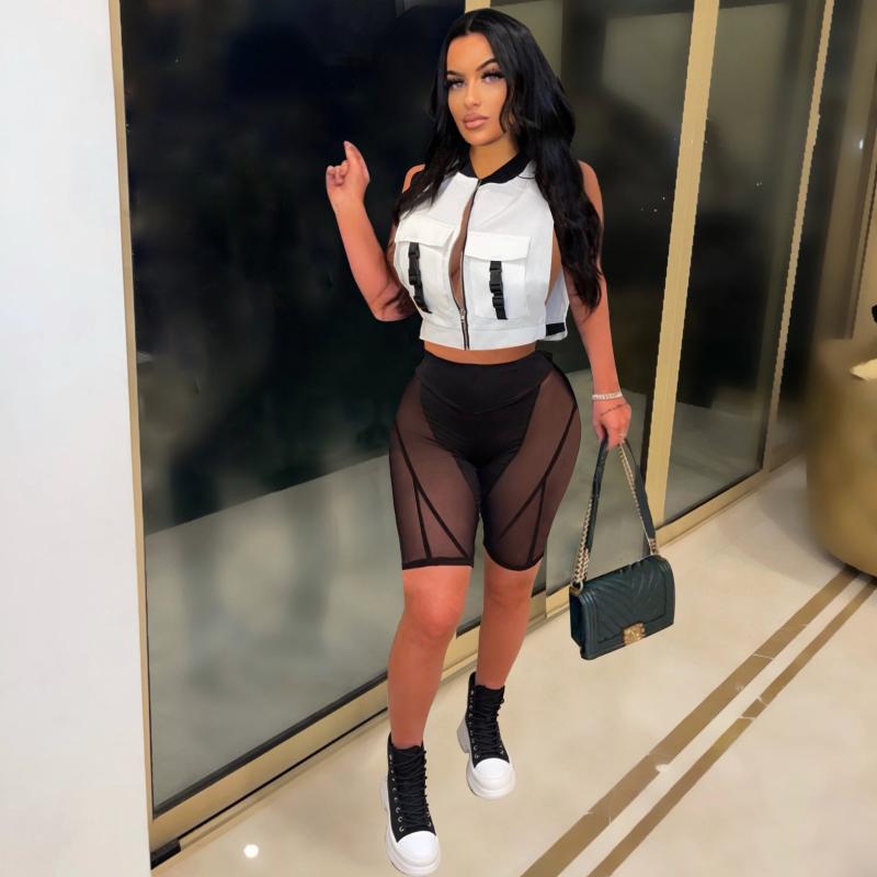 

Women' Tracksuits LFRVZ 2022 Hollow Out High Street Short Sleeve Cloth + Pants Slim Women 2 Piece Set, White black