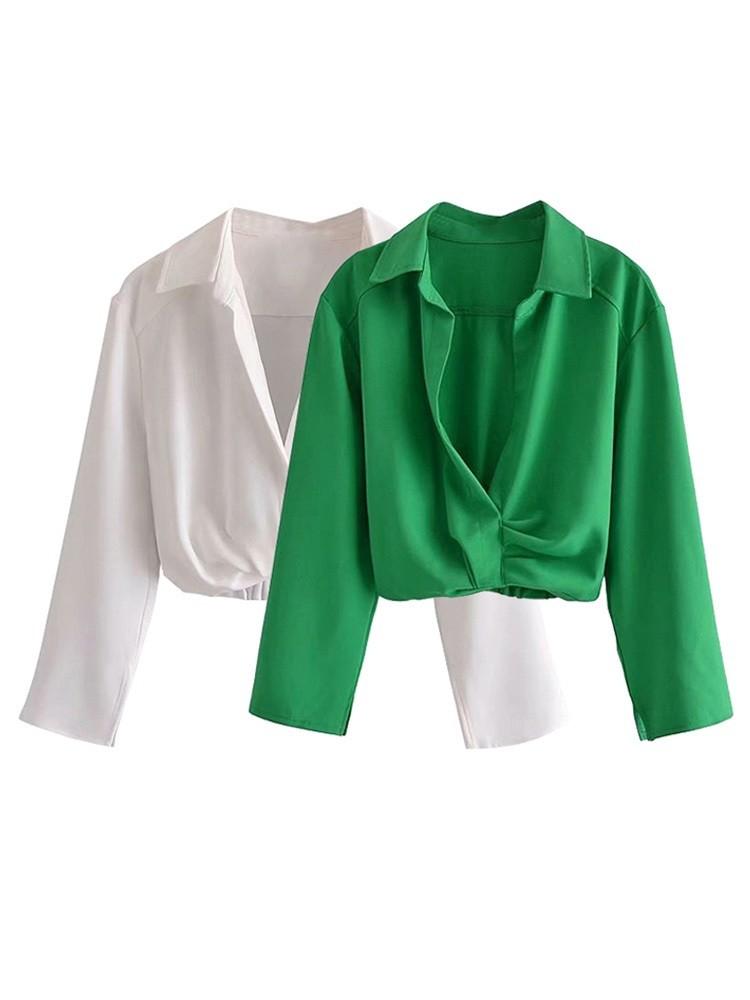 

Women's Blouses & Shirts Huaxiafan Women Fashion Pleated Cropped Vintage Three Quarter Sleeve Back Elastic Hem Female Chic TopsWomen's, As picture