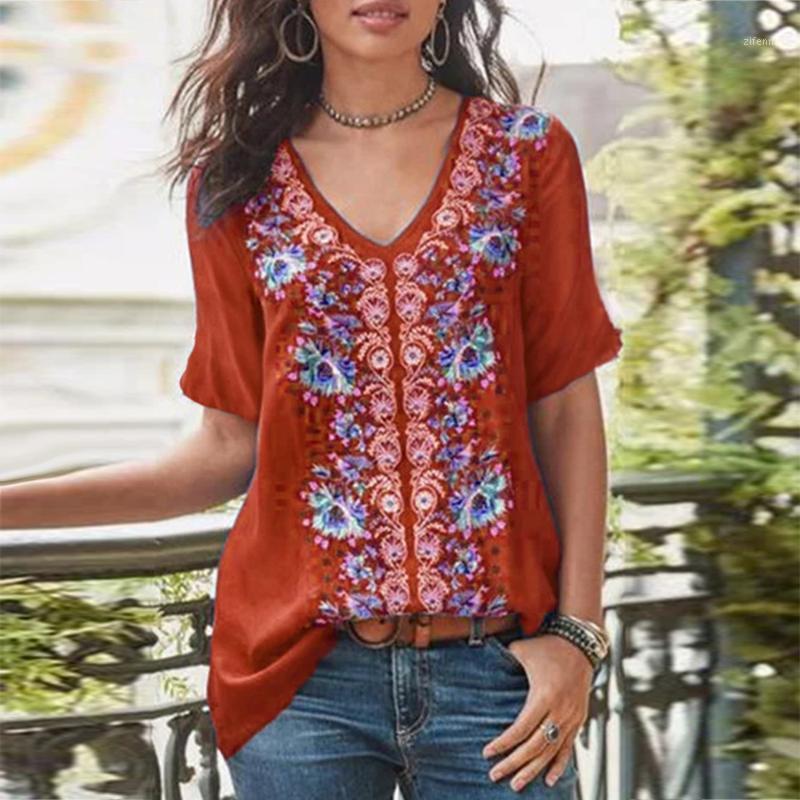 

Plus Size Womens Tops And Blouses Vintage Floral Print Feminine Blouse V-Neck Short Sleeve Top Female Casual Loose Women Tunic Women' & Shi, Blue