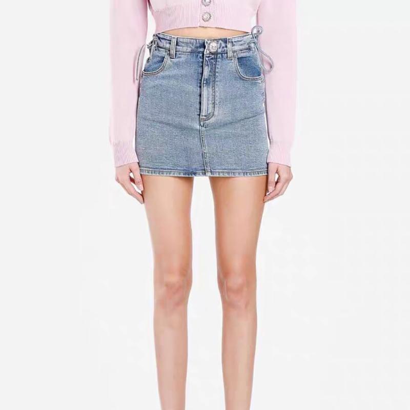 

Summer Streetwear Style Denim Women Skirts Side Crass-cross Drawstring Diamond Button Elastic Force Elegant Mini Skirt, Blue