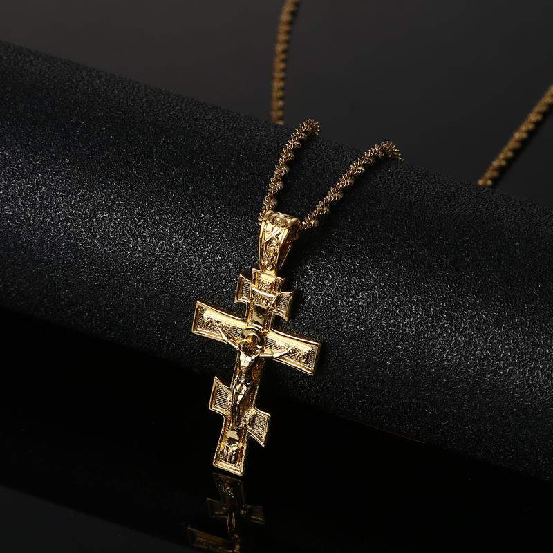

Pendant Necklaces Christian Orthodox Russian Prayer Gold Color INRI Crucifix Cross Chain Necklace For MenPendant