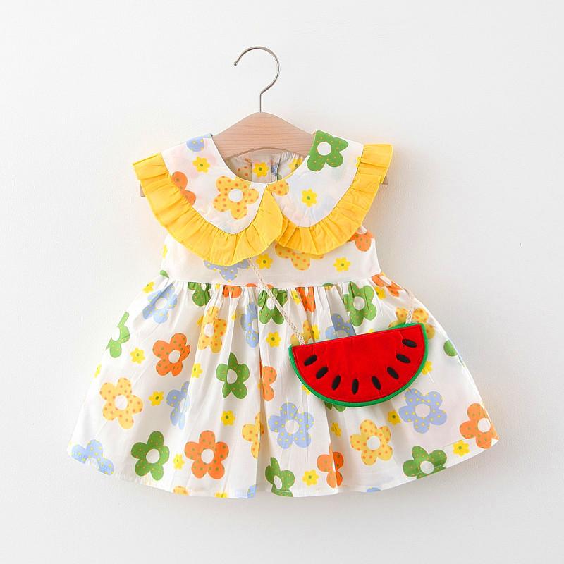 

Girl's Dresses Summer Clothes Baby Girl Beach Casual Fashion Print Cute Flower Sleeveless Princess Dress Watermelon Bag Clothing SetGirl's, Yellow