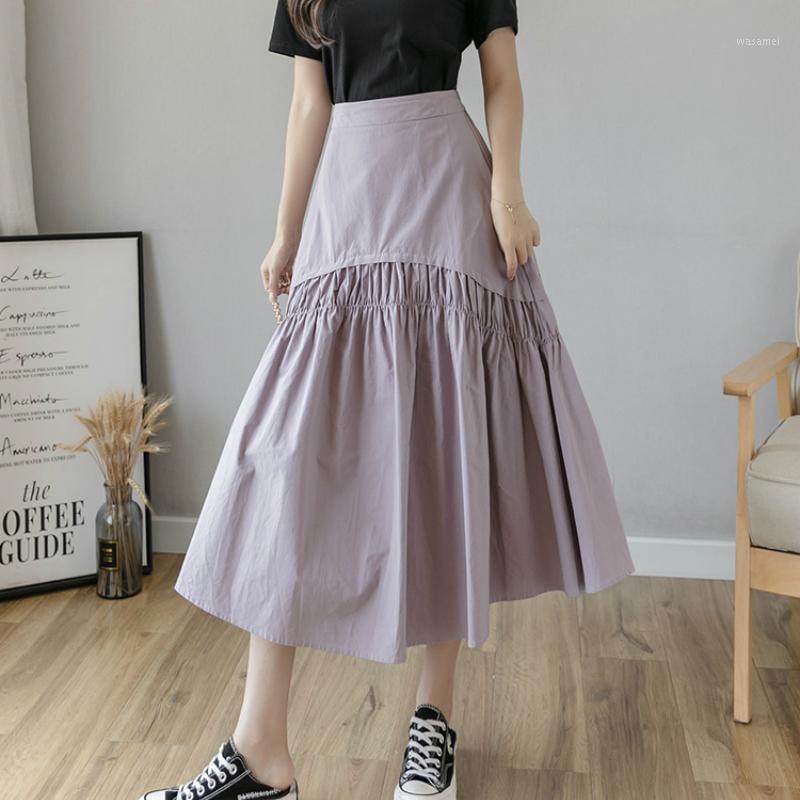 

Korean Style Summer Pleated Design Long Cotton Skirt Solid Violet/Blue A-line Patchwork Mid-calf Skirts, Black