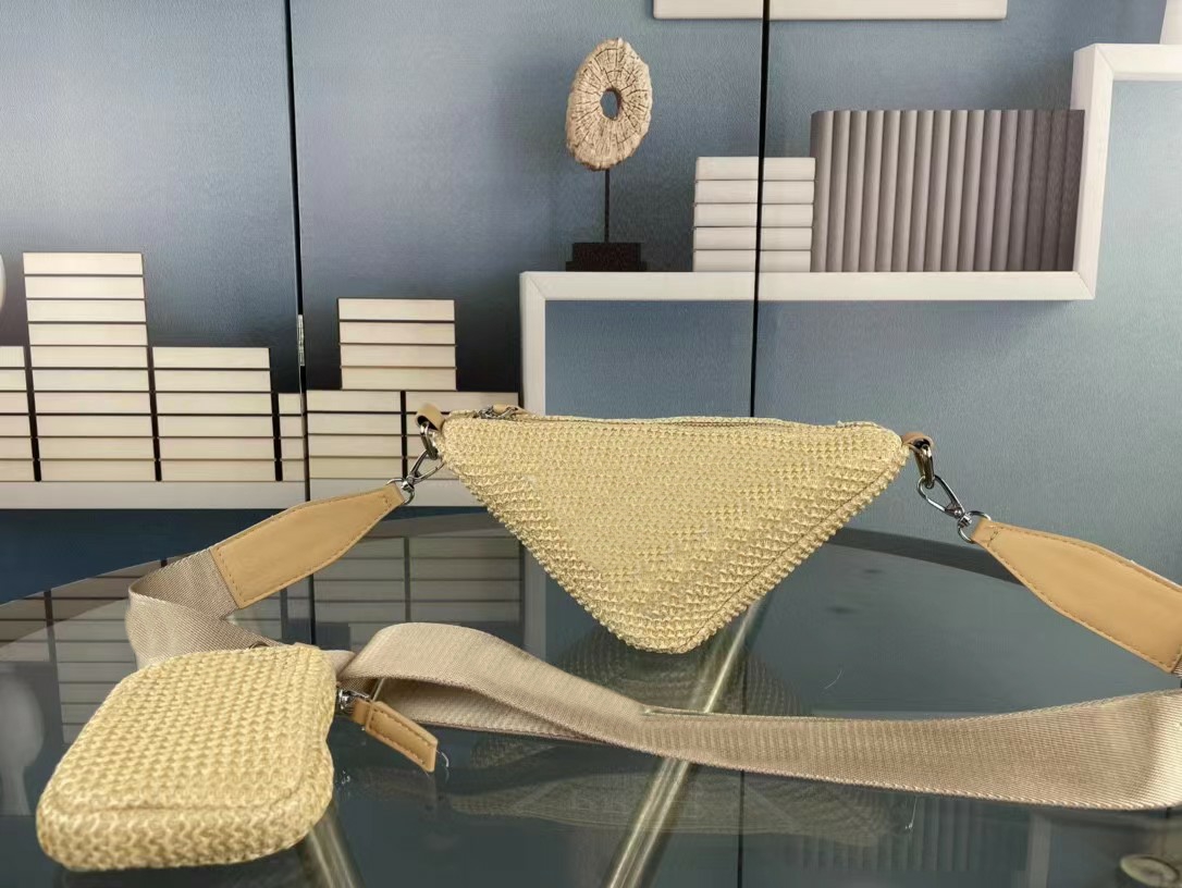 

Latest Triangle Straw Cross Body Bags Detachable and Adjustable Logo-print Webbing Strap Raffia Shoulder Bag Zipper Closure Wicker Crochet Handbag With Small Pouch, Beige