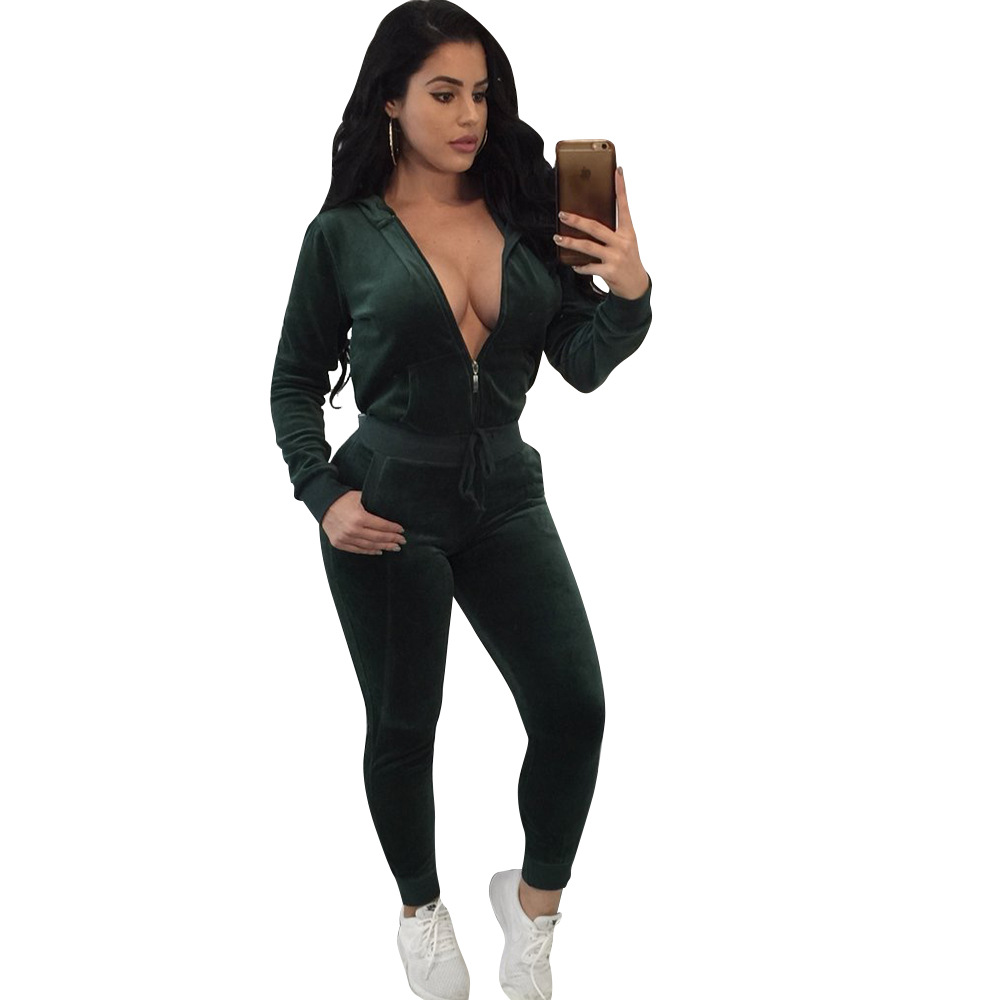 

Women' Jumpsuits Solid color sport hood two piece suit, 01