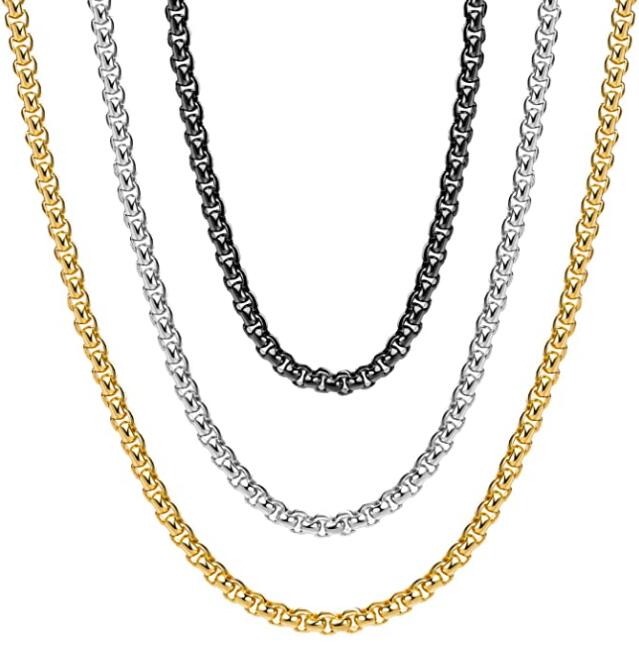 

3pcs Lot 3 Color In Bulk Silver/ Gold/ Black Rollo Chain Stainless Steel Rolo Chain Necklace Round Box Link For Women Men 3mm 24''