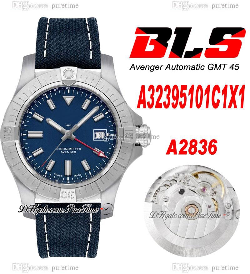 

BLS GMT 45mm Eta A2836 Automatic Mens Watch A32395101C1X1 Steel Case Blue Dial White Number Markers Nylon Leather Strap Super Edition Puretime 05E5