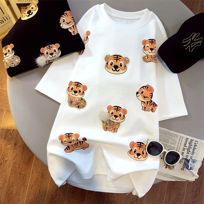 

harajuku pure cotton oversized t-shirt Women cute Casual t shirt sequin design cartoon three-dimensional Short Sleeve white tops 220509, Xian 468 hei