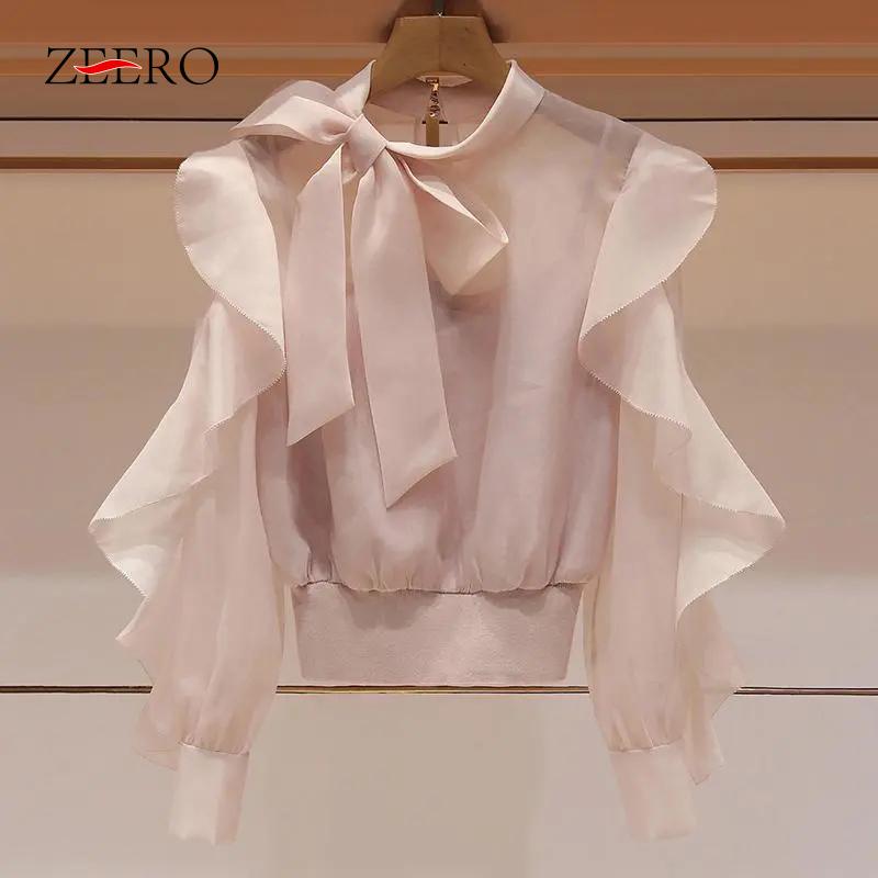 Women's Blouses & Shirts Summer Korean Long Sleeve Bow Neck Ruffles Shirt Sweet Perspective Chffion Elegant Slim Waist Ladies Cropped Tops B