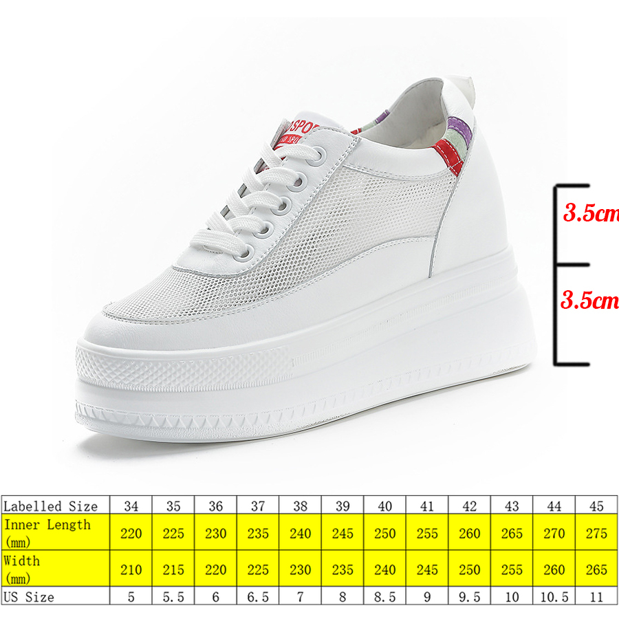 

7cm Breathable Platform Wedge Sneakers Women Shoes Genuine Leather Heel High Height Increased Spring Autumn Summer Shooes, White no plush