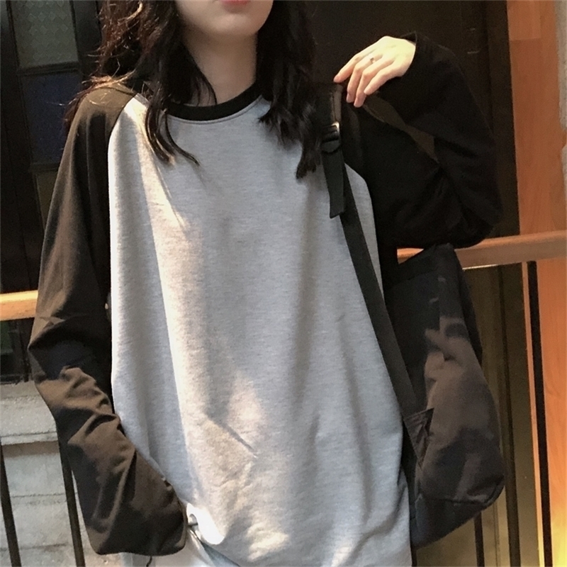 

Female T-shirt Round collar Contrast Color Long Sleeve Shirt Women spring -s For Patchwork 220414, Gray