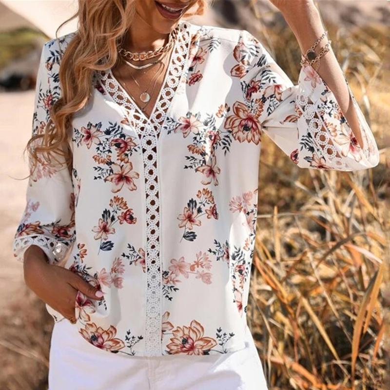 

Women' Blouses & Shirts Summer Elegant Blouse Womens Mid Long Sleeve Fashion Casual Hollow Out Floral Print Guipure Lace Tee Chemise FemmeW, White