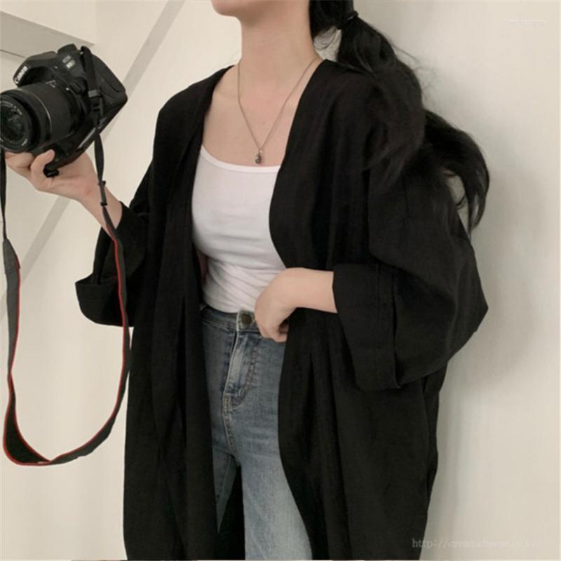 

Women's Knits & Tees Summer Linen Blouse Female Long Sleeve Casual Solid Ladies Tops Sun Protection 2022 Korean Women Kimono CardiganWomen's, Black