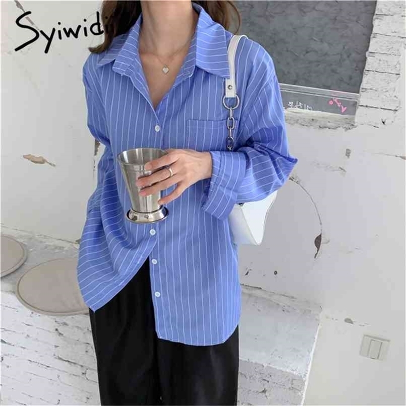

Vintage Blue Striped Button Up Blouse Women Turn-down Collar Long Sleeve Clothing Summer Korean Fashion Shirts 210607, White