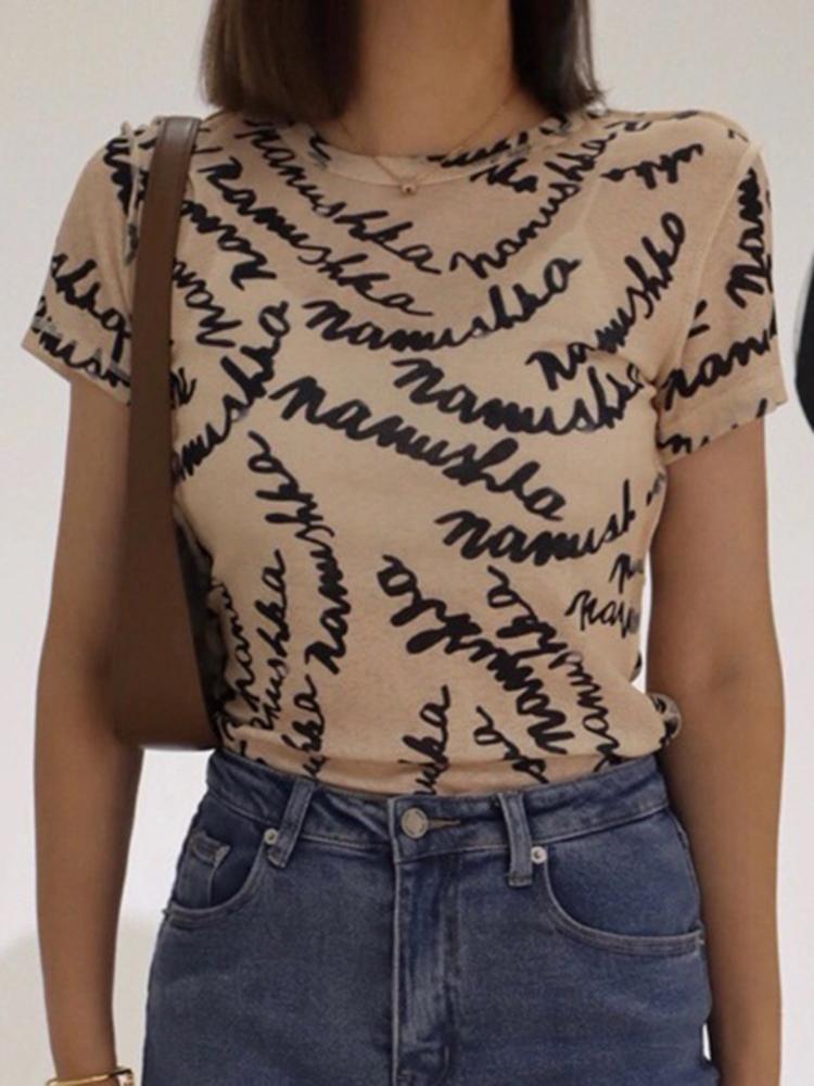 

Women's T-Shirt Street Sexy Short Sleeve T-shirts Women O-neck Letters Print Slim Breathable Thin Tee Shirts 2022 Summer Casual Tops FemmeWo, Beige