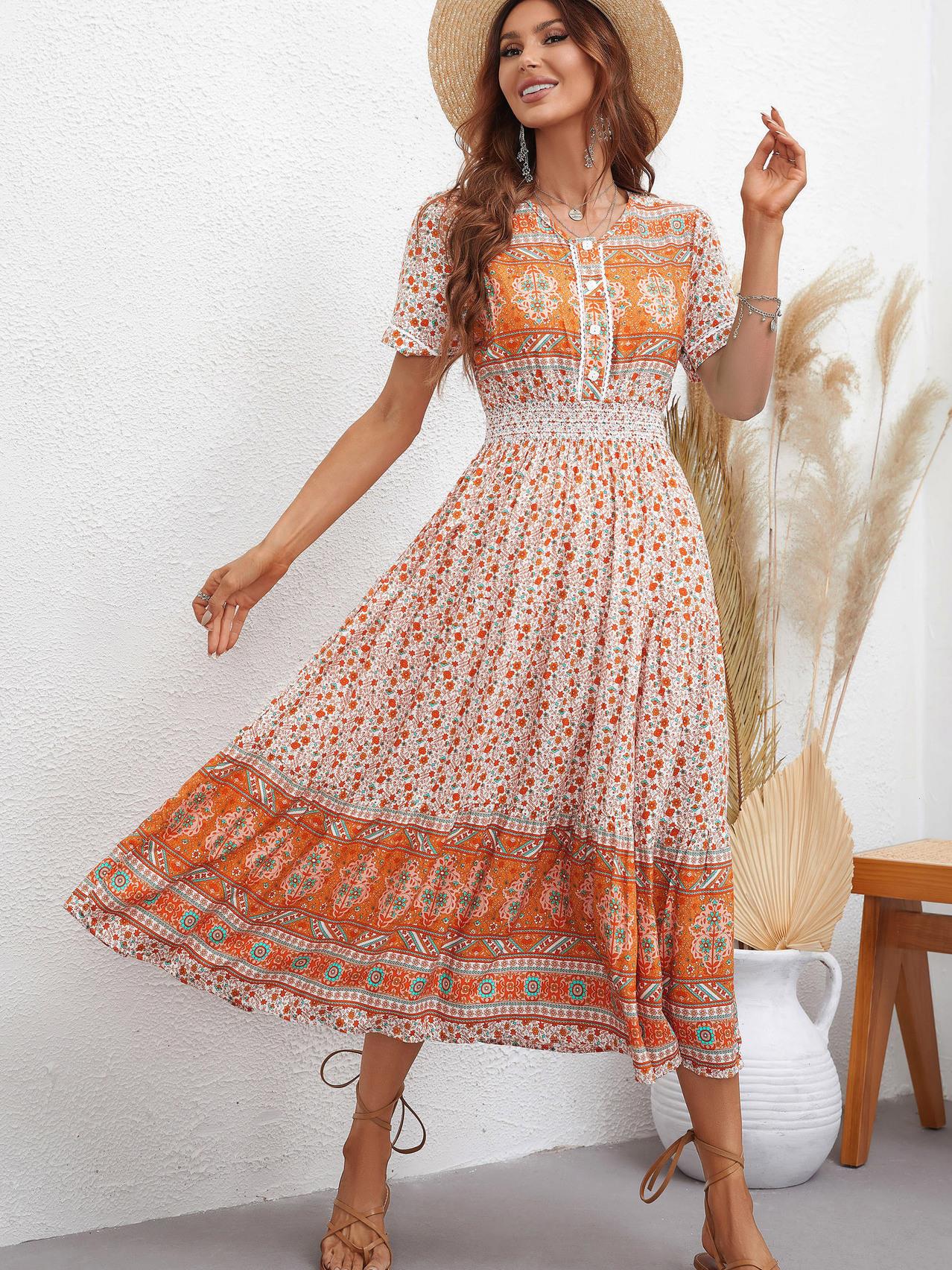

Liti Holiday Bohemian Women Dress Plus Size Floral Fashion Elegant, Orange