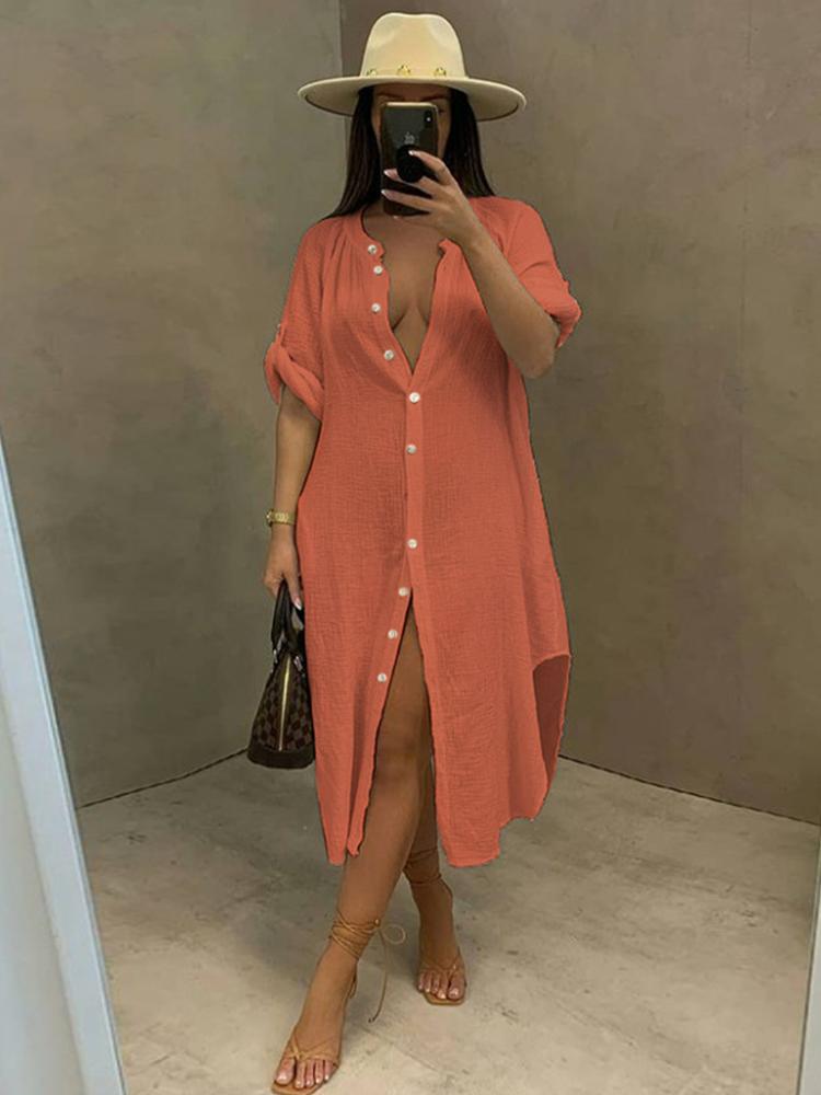 

Women' Swimwear Beach Style Women Long Maxi Bohemian Dresses Casual Sinlge Breasted Full Sleeve Vestido Simple Side High Boho VestidosWomen, White