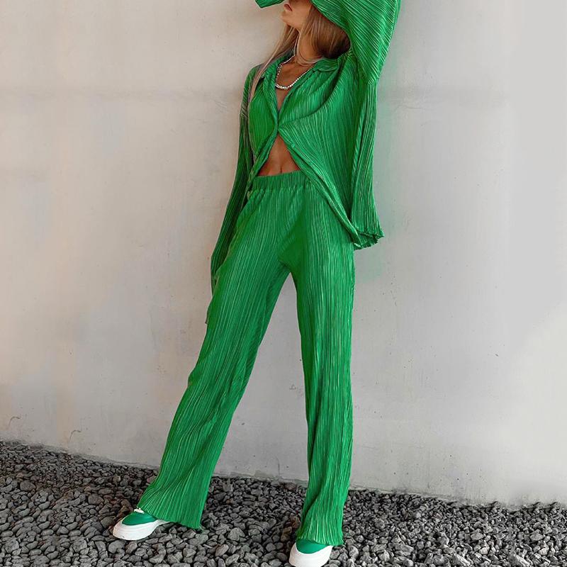 

Women' Two Piece Pants Autumn Causal Loose Home Suit Long Sleeve Blouse With High Wasit Set Women Elegant Pleated Green 2 Pant SetsWomen, Black