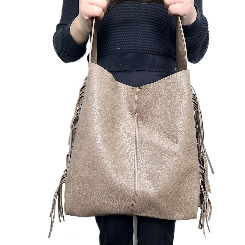 

Evening Bags Leather Pattern Large Capacity One-shoulder Handbags Striped Woolen Tote Bag Stitching Retro Tassel