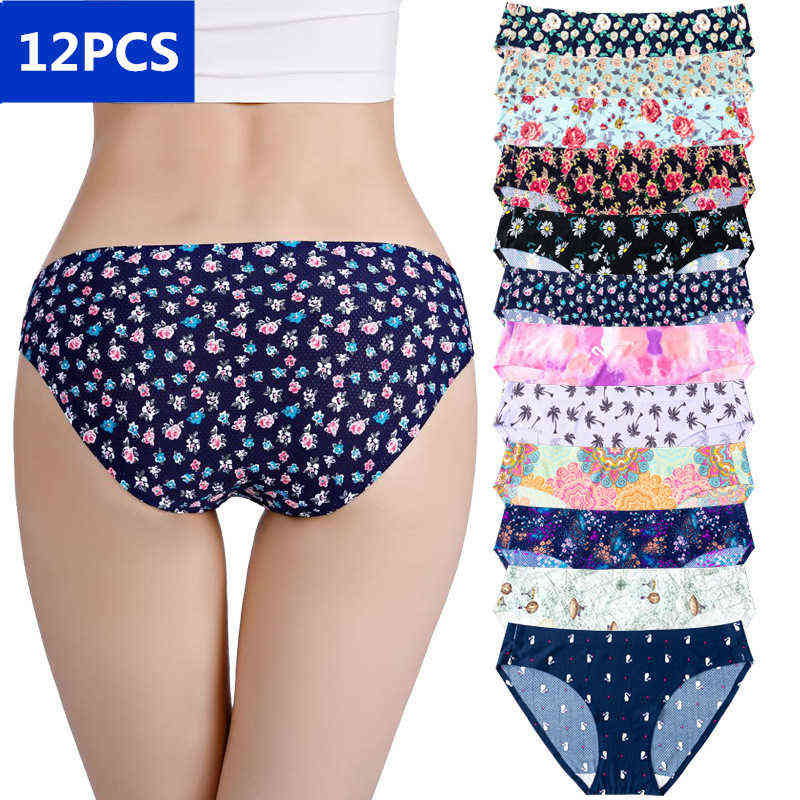

12PCS/ LOT Seamless Thong Women's Panties Sexy Underwear Soft Stretch Low-Waist Briefs Cute Flowers Female Lingerie Large size T220810
