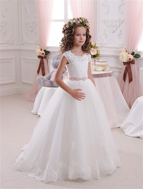 

Girl's Dresses Cute Flower Girl For Weddings A-line Cap Sleeves Tulle Appliques Tutu Long First Communion Little GirlGirl's, Beige