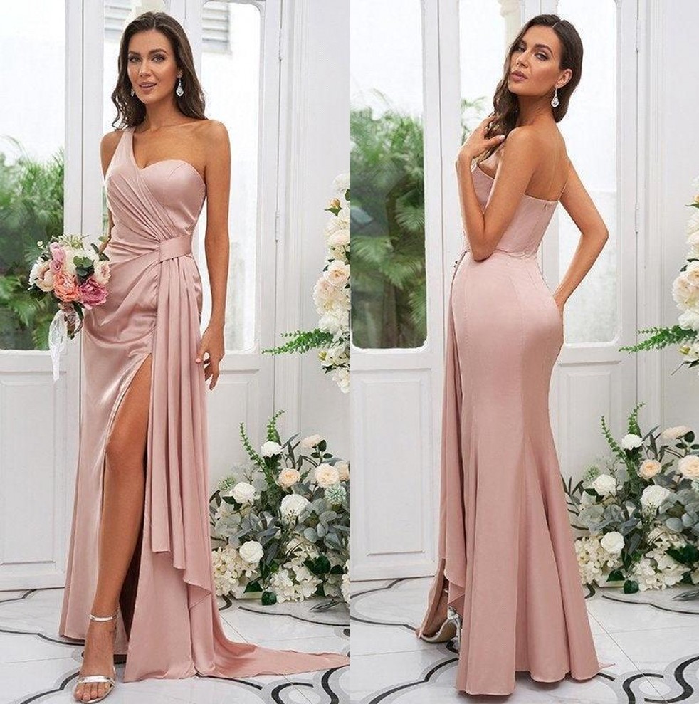 Elegant One Shoulder Bridesmaid Dresses Long Mermaid Evening Dresses Satin Slit Wedding Guest Maid of Honor Dresses for Women BC12812