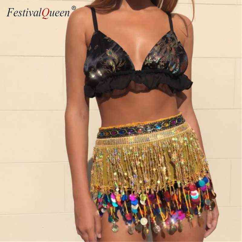 

FestivalQueen Sexy Tassel Fringe Sequin Skirts Women Summer Beach Stage Show Nightclub Party High Waist Bandage Mini Skirt T220819, Sky blue