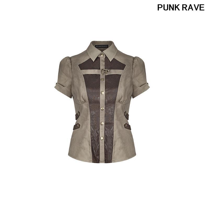 

Women's Blouses & Shirts Steampunk Retro Skeleton Buttons Elastic Waist Adjustable Lantern Cuff Shirt Short Sleeve Fashion Blouse PUNK RAVE, Black