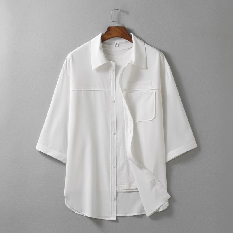 

Men's Casual Shirts Summer Solid Men Clothing Youth Fashion Handsome Coat Thin Ice Silk Short Sleeve Shirt Loose Size Versatile Top Free Sta, Black