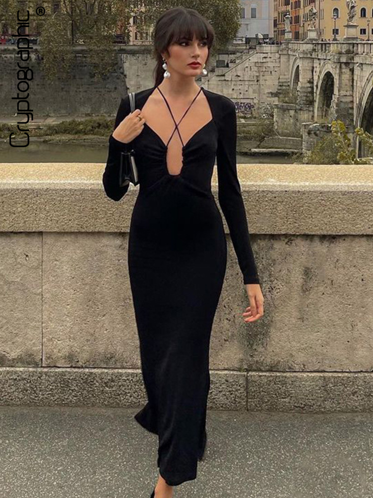 

Long Sleeve See Through Halter Maxi Dress for Women Elegant Outfits Club Party Sexy Backless Dresses 2022 Clothes, Black