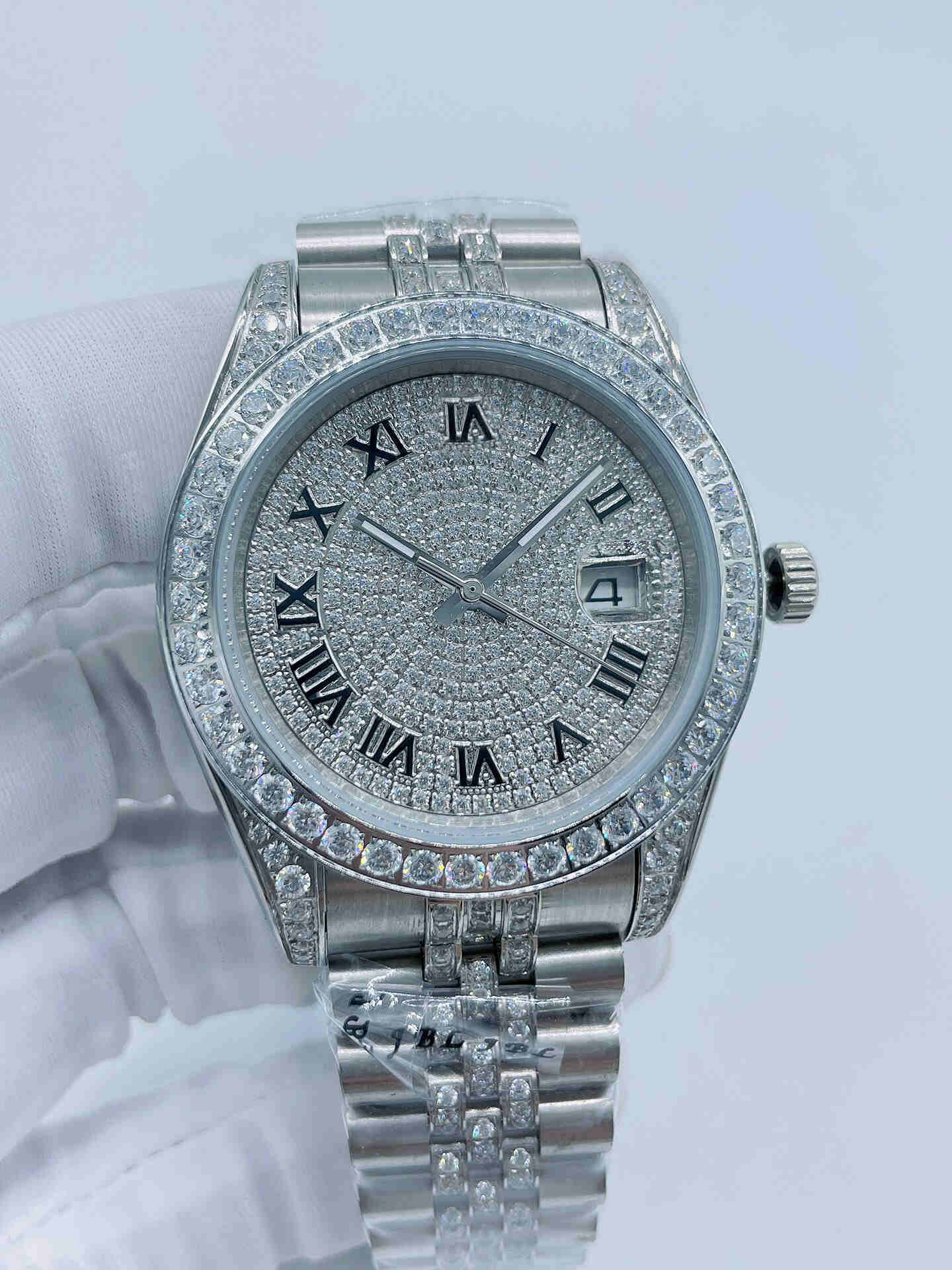 

Top Quality Automatic Mechanical Man Watch Full Diamond Face Bezel Watches 41mm Stainless Steel Strap Designer Sports Men's Wristwatches Mens Wristwatch, With waterproof
