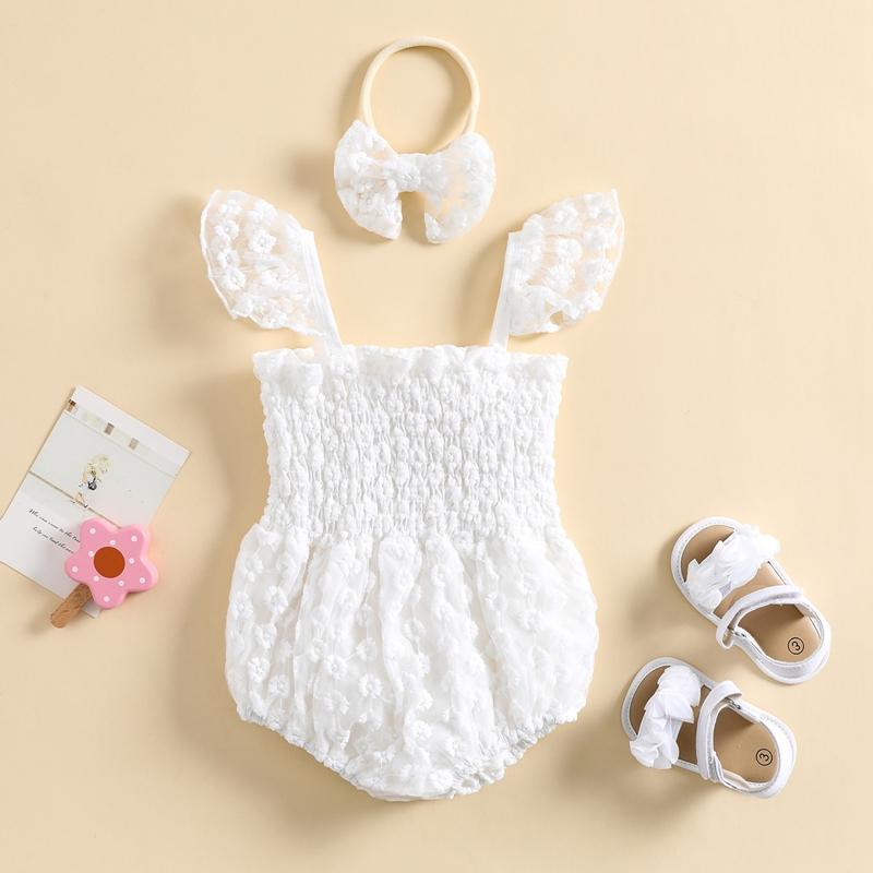 

Clothing Sets Born Baby Girls Romper Summer Outfits Tie-up Spaghetti Straps Ruffle Layered Elastic Lace 3D Flower Bodysuit With HeadbandClot, White