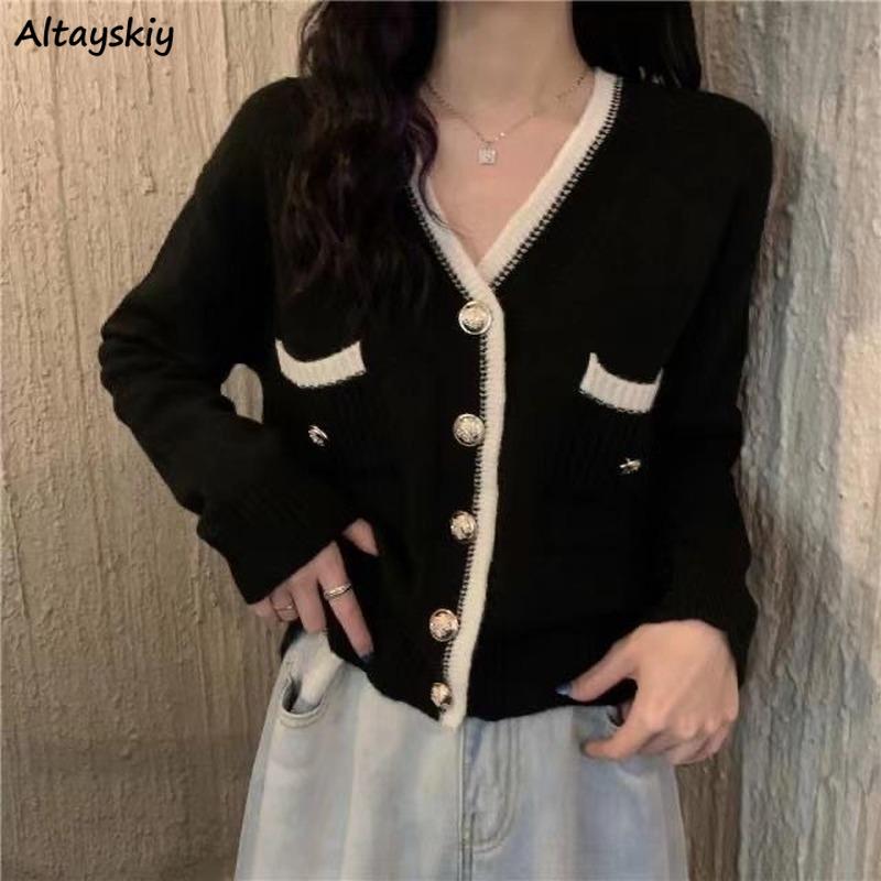 

Women's Knits & Tees Sweaters Women Spring V-Neck Knitted Wear Patchwork Fashionable Cozy Long Sleeve Korean Version All-match Trendy Ladies, White