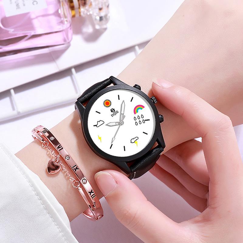 

Wristwatches Fashion Round Quartz Cartoon Pattern Dial Casual Wrist Watch Leather Strap Fashionable Clock For Waterproof Wristwatch Women, Black