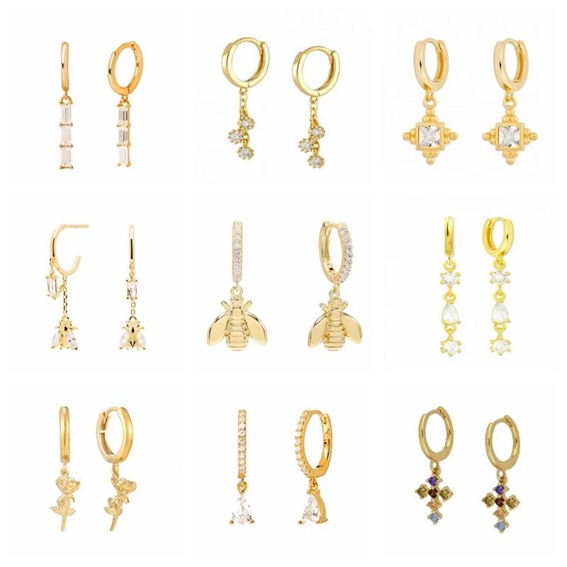 

Hoop & Huggie Aide Gold Color Silver Clear Zircon Pave Circle Earrings Bee Pendant Crystal Cross Flower Charm PendientesHoop