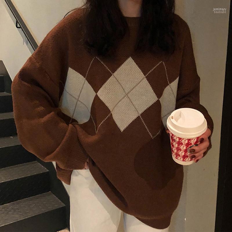 

Women's Sweaters Women Argyle Loose Casual Pullover Knitted Sweater Female Jemi22, Black