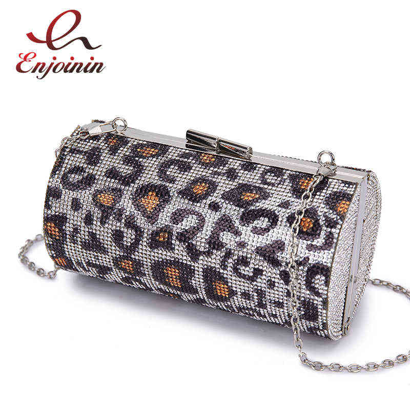 

Evening bag women's cylindrical diamond evening bag, handbag with chain and strap, leopard print 220402, Silver