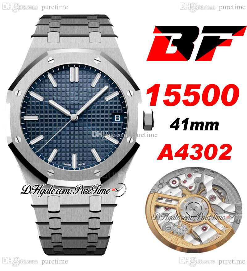 

BFF 41mm A4302 Automatic Mens Watch Blue Textured Dial White Stick Markers Stainless Steel Bracelet 5 Styels Super Edition Puretime C3, Customize waterproofing service