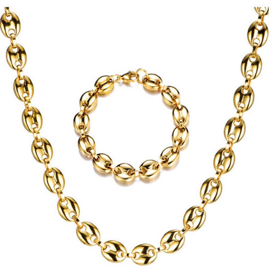 

Men's Necklaces Coffee Beans Chain Bracelets Set Stainless Steel 11CM Gold/Silver Link Chains Hiphop Jewelry267z