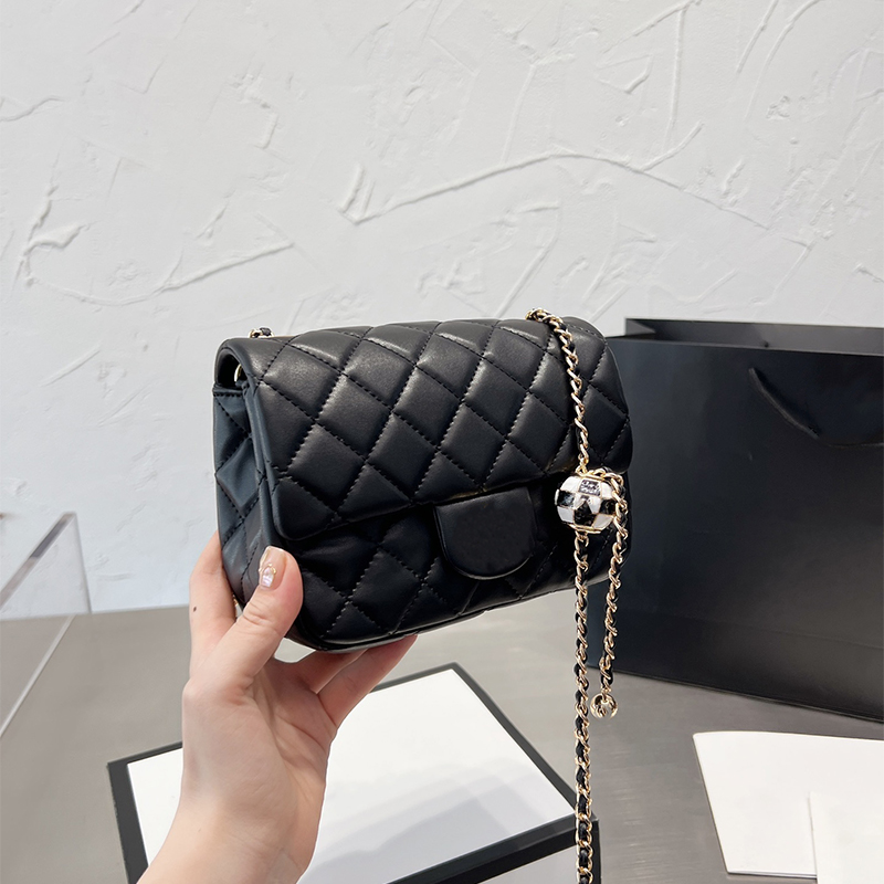 

Women's Fashion Golden Ball Shoulder Bags Leather Black Hardware Famous French Designer Bags High Quality Diamond Lattice Quilted Luxury Diagonal Totes Bag Wallet, Black 17cm