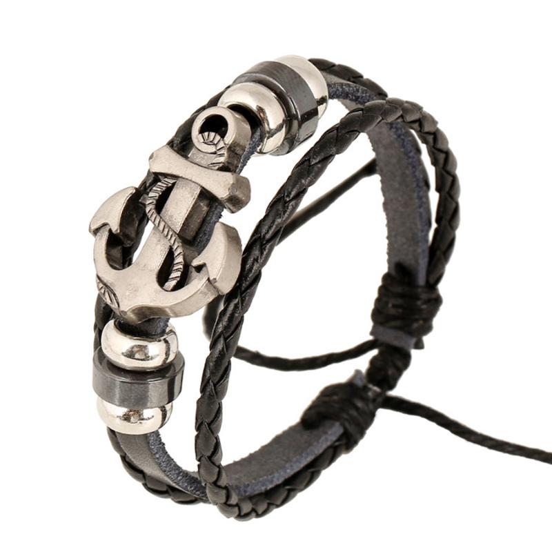 

Charm Bracelets Beaded Anchor Men Leather Bracelet Personality Simple Adjustable Woven Braided Stainless Steel Bangle Jewelry AccessoriesCha