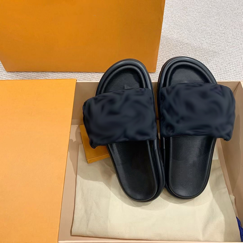 

Pool Pillow Comfort Sandals Designer Slippers Women Mule Slipper Lady Nylon Shoes Strap Men Leather Sandal Sunset Flat Rubber Outsole Slide With Box NO356, 4;black